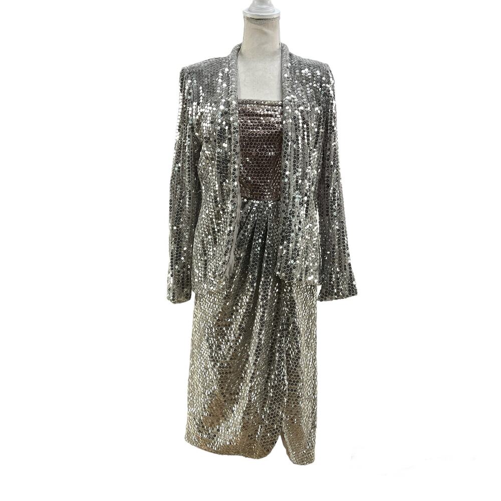 Vintage 80/90s Miss Bergdorf Sequins Mini Dress Set Silver